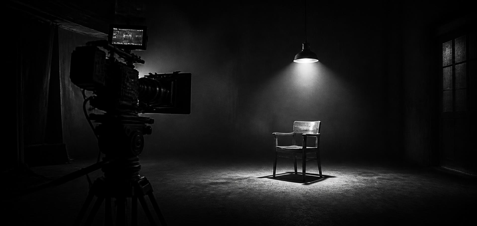 An empty chair lit under a lamp facing a documentary camera